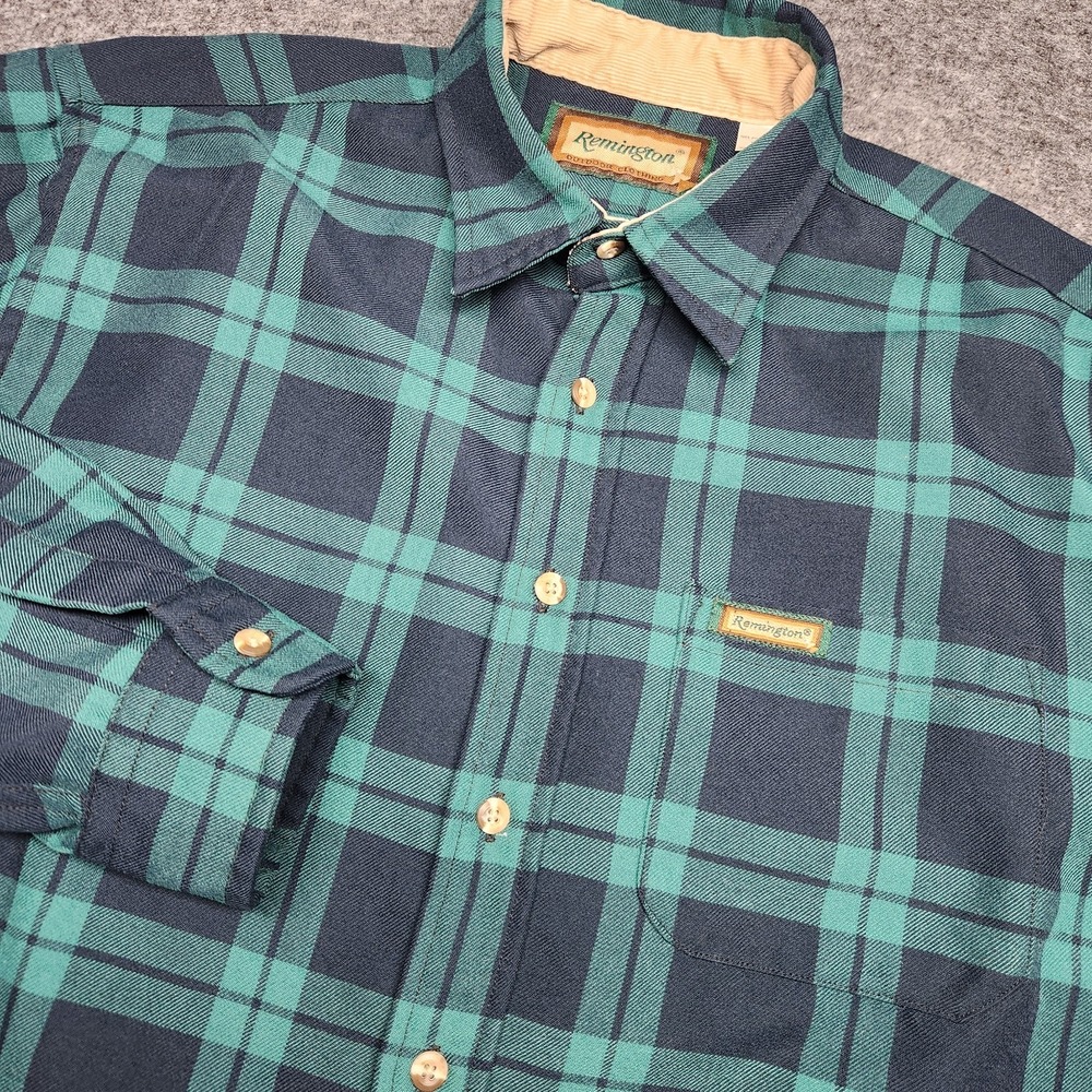 Remington Mens VTG Plaid Flannel Button Down Shirt Navy Green XL Corduroy Collar